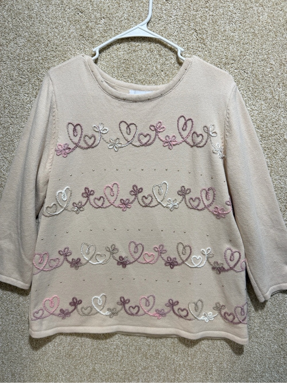 Cottagecore embroidered sweater top cotton blend hearts feminine fall Large